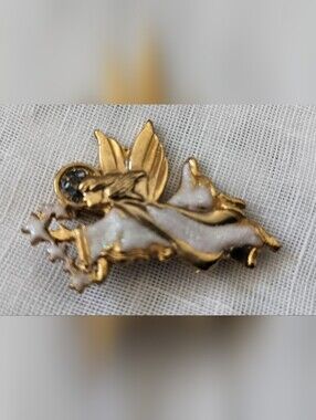 Vintage 1990s AAI Signed Angel Brooch Gold Tone Pearlescent Enamel Pin